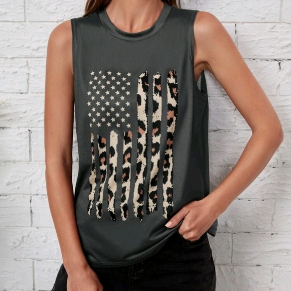 Leopard Print American Flag Tank Top - Picture 1 of 6